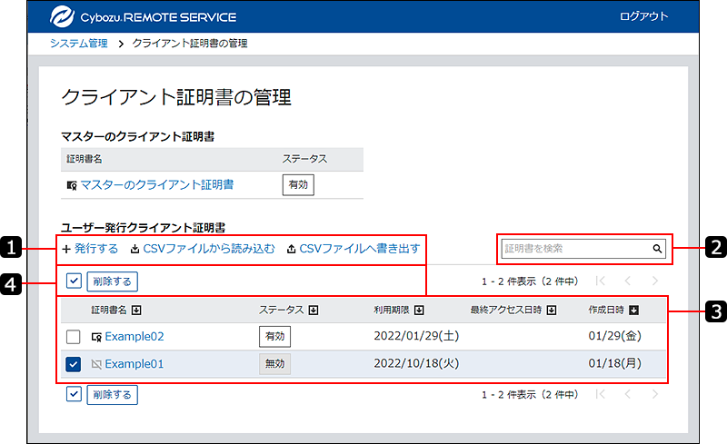 スクリーンショット：クライアント証明書の管理画面