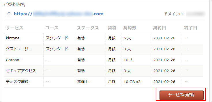 スクリーンショット：[サービスの解約]が枠線で強調されている