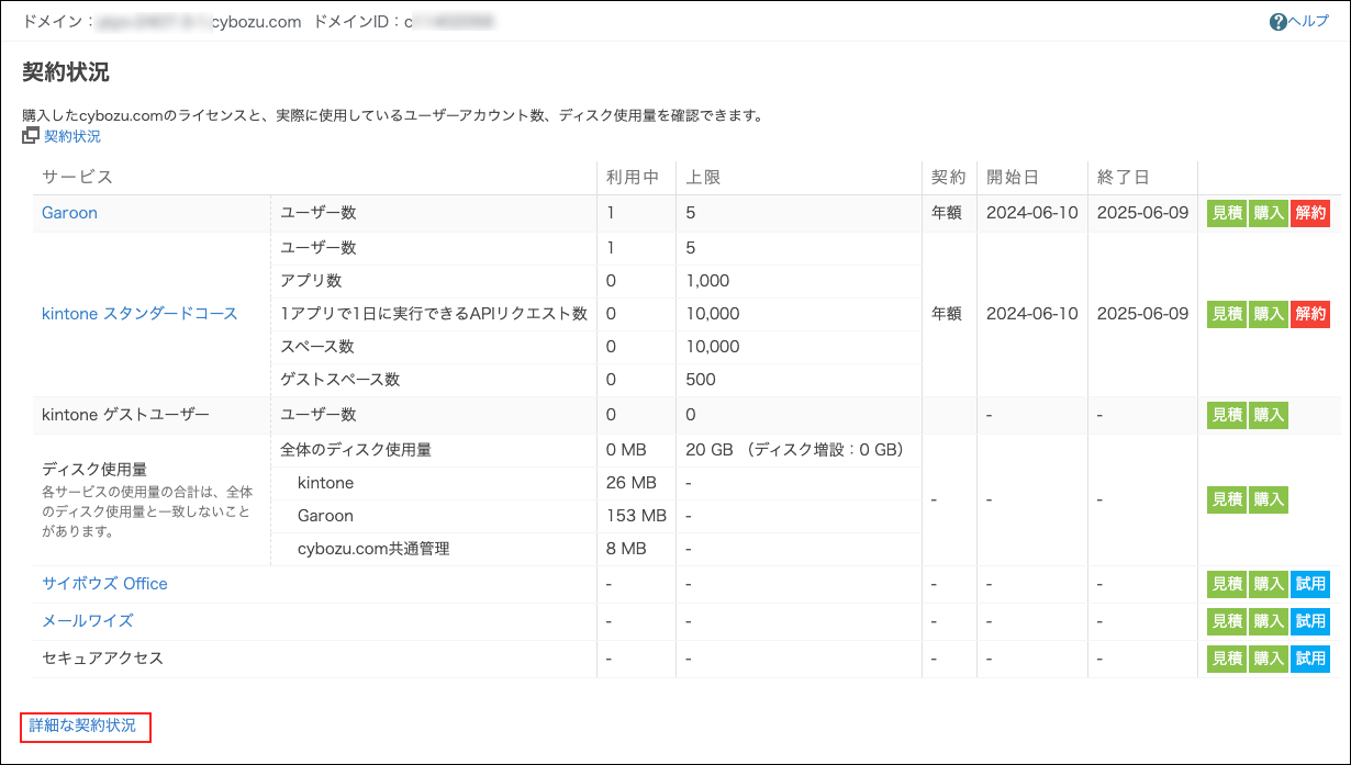 スクリーンショット：[詳細な契約状況]が枠線で強調されている